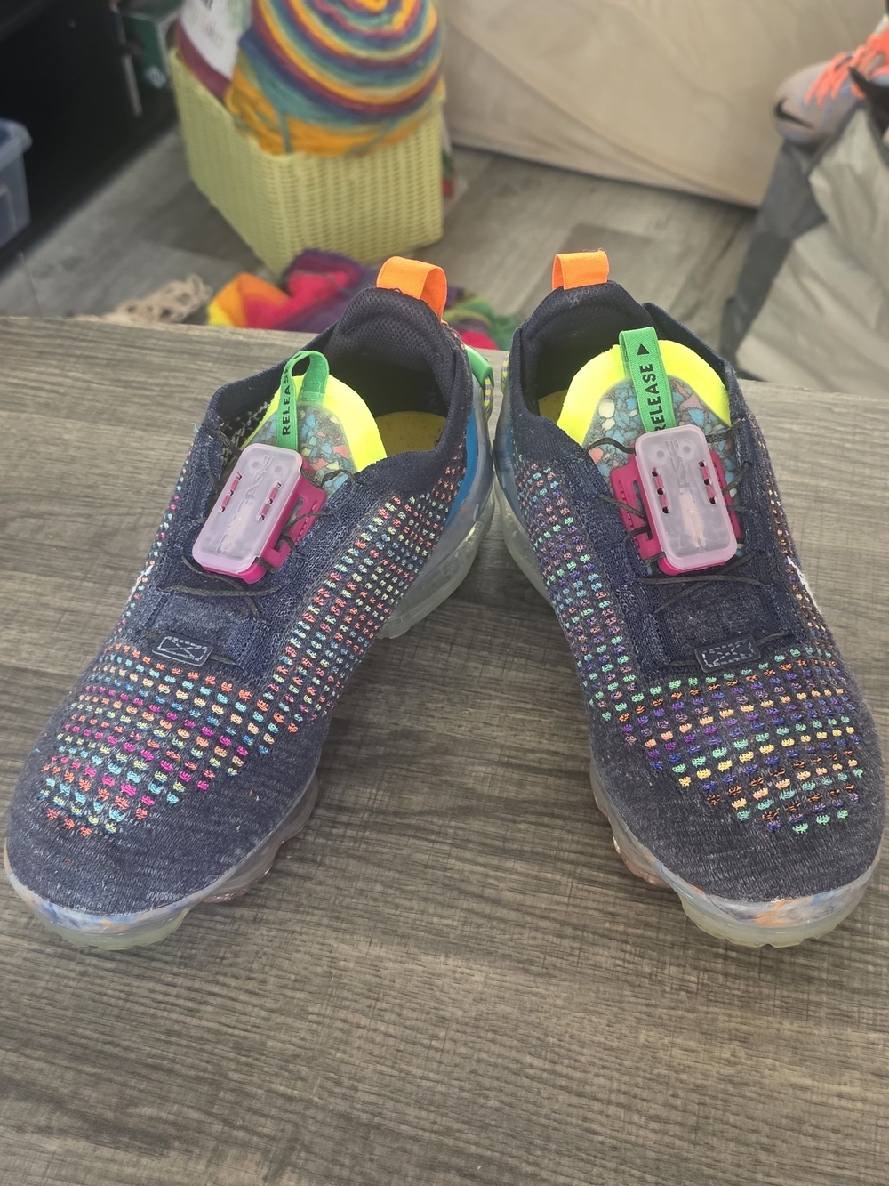 Nike Navy Knit Slip-On Sneakers with Rainbow Accent Details